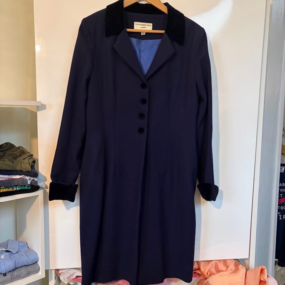 Vintage Navy Wool Crepe Longline Coat Velvet Collar Tailored Jacket 14